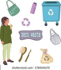 Collection of Zero Waste durable and reusable items or products. eco grocery bags, wooden cutlery,Zero waste concept set with eco objects, people and lettering.toothbrush. vegetable etc. Eco life