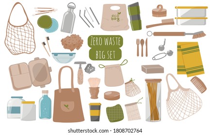 Recogida de desechos cero artículos o productos duraderos y reutilizables. Bolsa ecológica, contenedor biodegradable, clasificación de basura, conjunto duradero y reutilizable, estilo de vida ecológico sin plástico Ilustración vectorial plana.