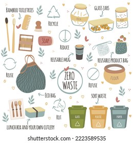 Collection of Zero Waste durable and reusable items or products - glass jars, eco grocery bags, wooden cutlery, comb, toothbrush and brushes, thermo mug, trash bins. Vector illustration.