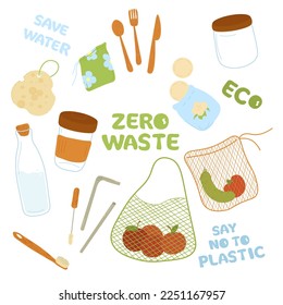  Collection of Zero Waste durable and reusable items or products - glass jars, eco grocery bags, wooden cutlery, comb, toothbrush and brushes, thermo mug. Flat vector illustration.