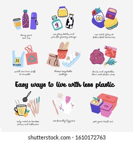 The collection of Zero Waste  elements . Eco friendly advices: Refuse, Reduce, Reuse, Rot, Recycle. No Plastic, Eco lifestyle and Go Green concept. Hand drawn cute vector illustration