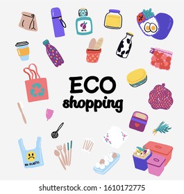 The collection of Zero Waste  elements . Eco friendly advices: Refuse, Reduce, Reuse, Rot, Recycle. No Plastic, Eco lifestyle and Go Green concept. Hand drawn cute vector illustration