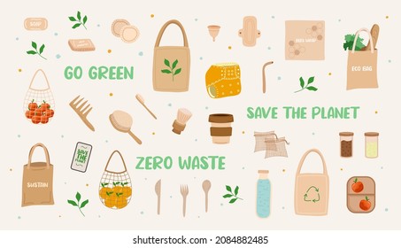 Collection of Zero waste items. Set of reusable objects. Vector illustration in flat style