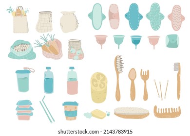 Collection Zero Waste lifestyle reusable items, products - glass jars, eco grocery bags, wooden cutlery, comb, toothbrush and brushes, menstrual cup. Flat vector illustration set. No plastic