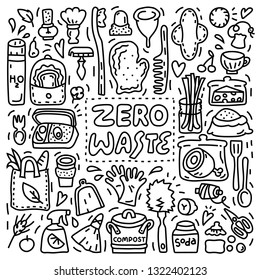 Colección de objetos Zero Waste. Dibujo de estilo doodle en blanco y negro con símbolos orgánicos. Estilo de vida ecológico