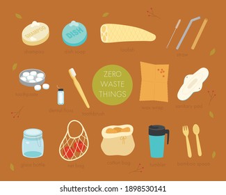 A collection of zero waste products. flat design style minimal vector illustration.