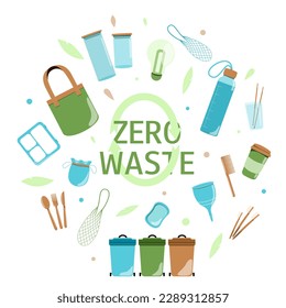 Collection of zero waste reusable items or products. Eco lifestyle. Flat vector illustration. 