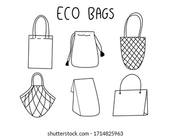 Collection of Zero waste, Reusable paper, Eco Grocery Shopping Bags. Hand draw doodle black line. Plastic Bag Free, For better environment help decrease global warming, go green, art concept - vector