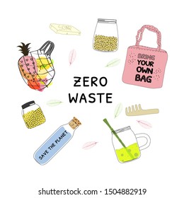 A collection of zero waste. Set with pink fabric eco shopping bag, string bag with fruits, glass jars, glass water bottle, bamboo straw, comb, soap, glass mug. Vector illustration.