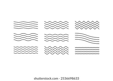 Coleção de ícones de linhas em ziguezague. Padrão de ornamento de onda. Coleção de linhas onduladas em ziguezague. Ilustração vetorial.