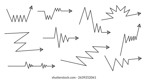 Collection of zigzag arrow with thin line stroke, vector illustration.
