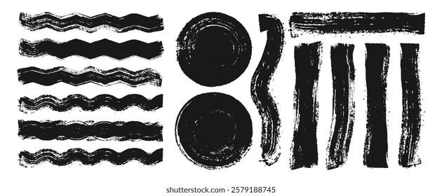 Collection of zigzag brush line, grunge circle shape set. Black Brush strokes, Paint, Ink, Grunge, Brush, Lines. Dirty Artistic Elements, Boxes, Frames. Freehand drawing.