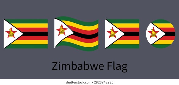 A collection of Zimbabwe flag designs including rectangular, wavy, square, and circular versions displayed against a solid dark blue background.