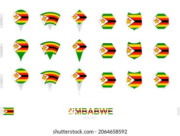 Collection of the Zimbabwe flag in different shapes and with three different effects. Vector flag set.