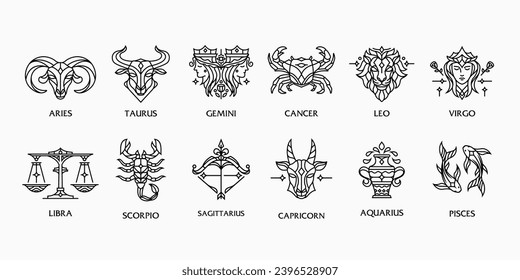 Collection of zodiac astrology signs on white background. modern simple Line art of horoscope astrological icons. 