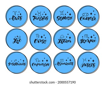 Collection of zodiac brush lettering. Astrology idea. Zodiac blue symbols. Vector stock illustration for banner, clothes