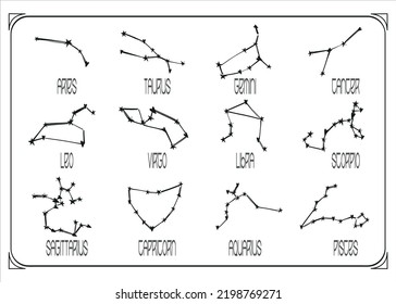 Collection of zodiac constellations in black and white. Set of zodiac signs on a white background. Astrological vector illustration for design.