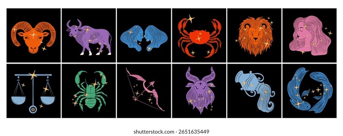 Coleção de ícones de signos de zodíaco em um estilo mágico moderno, apresentando todos os doze símbolos horóscopo com design astrológico limpo, místico