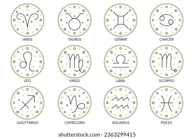 Collection of zodiac signs created in  linear style isolated on white background. Set includes  twelve zodiac symbols, each artfully crafted with clean lines, perfect for contemporary applications.