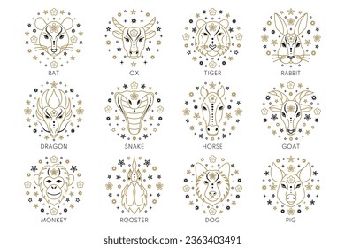 Collection of zodiac signs created in  linear style isolated on white background.Chinese horoscope. 