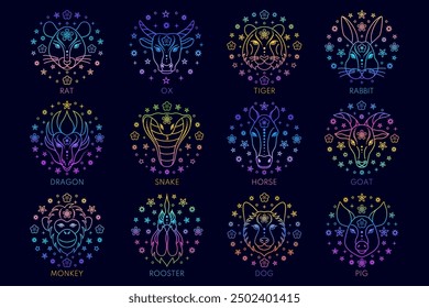 Collection of zodiac signs created in  linear style.Chinese horoscope. 