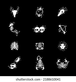 Collection zodiac signs halloween skull bones objects icons stars graphics black and white print. Vector illustration