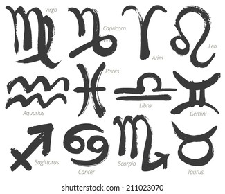 Collection of zodiac signs, hand drawn with ink brush. Vector graphics set.