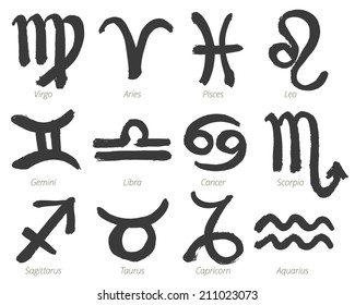 Collection of zodiac signs, hand drawn with ink brush. Vector graphics set.