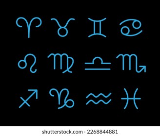 Collection of zodiac signs icons. 12 signs of astrology. Attribute of a horoscope or cosmos.