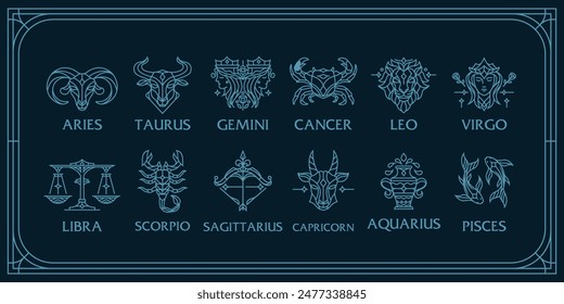 Collection of zodiac signs icons. 12 signs of astrology. Attribute of a horoscope or cosmos. modern simple Line art of horoscope astrological icons. fortune telling and occultism