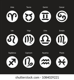 Collection of zodiac signs. Icons of Aries, Taurus, Leo, Gemini, Virgo, Scorpio, Libra, Aquarius, Sagittarius, Pisces, Capricorn, Cancer. Vector illustration.