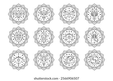 Collection of zodiac signs in line art style on white background.