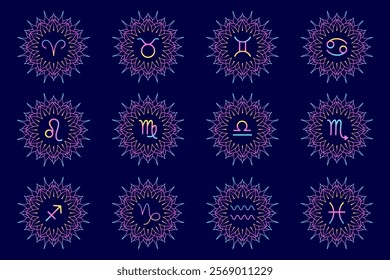 Collection of zodiac signs in line art style with  gradient color