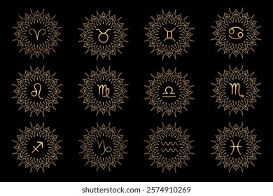Collection of zodiac signs in line art style with golden gradient