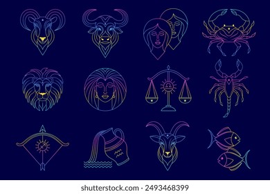 Collection of zodiac signs on dark background.