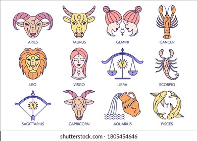 Collection of zodiac signs on white background. Line art icons.