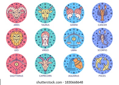 Collection of zodiac signs on white background. Line art icons.