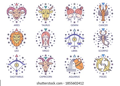 Collection of zodiac signs on white background. Line art icons.