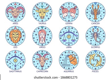 Collection of zodiac signs on white background. Line art icons.
