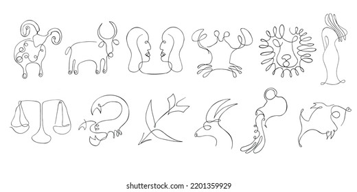 Collection zodiac signs white background  Line art icons  Astrology
