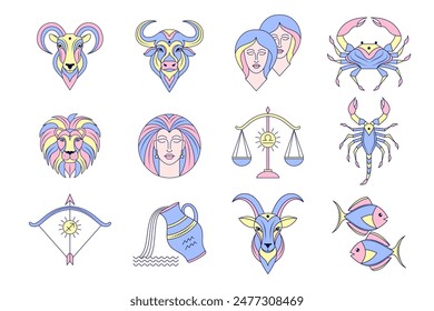 Collection of zodiac signs on white background.