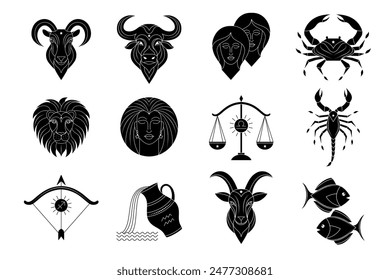 Collection of zodiac signs on white background.