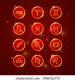 collection of zodiac signs, round horoscope symbols icons, golden on red background