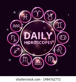 collection of zodiac signs, round wheel horoscope symbols icons, on dark purple background, daily horoscope