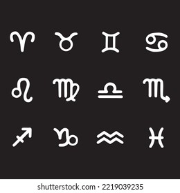 Collection of zodiac signs, simple white line art icons on black background. Flat vector illustration containing horoscope symbols Easy to used to decorate.