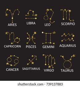 Collection of zodiac signs, twelve of gold elements. Decorative background vector with modern thin line icons, flat style, stars and constellations set. Good for printing for observatory, horoscope