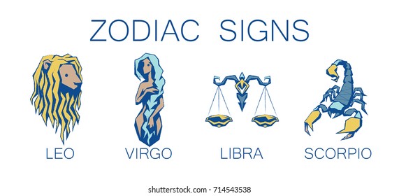 Collection of Zodiac Signs. Vector Illustration of Second Four Zodiacal Symbols on White Background. Leo, Virgo, Libra, Scorpio. Future Telling, Horoscope, Spirituality, Mystery, Constellations.