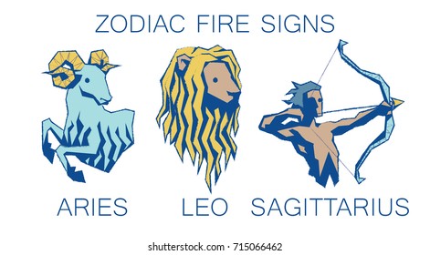 Collection of Zodiac Signs. Vector Illustration of Fire Zodiacal Symbols in Faceted Grunge Style on White Background. Aries, Leo, Sagittarius. Future Telling, Horoscope, Mystery, Constellations.