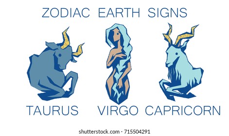 Collection of Zodiac Signs. Vector Illustration of Earth Zodiacal Symbols in Faceted Grunge Style on White Background. Taurus, Virgo, Capricorn. Future Telling, Horoscope, Mystery, Constellations.