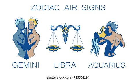 Collection of Zodiac Signs. Vector Illustration of Air Zodiacal Symbols in Faceted Grunge Style on White Background. Gemini, Libra, Aquarius. Future Telling, Horoscope, Mystery, Constellations.